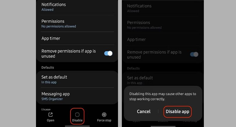 Chọn Disable và Disable app để xóa ứng dụng khỏi màn hình chính