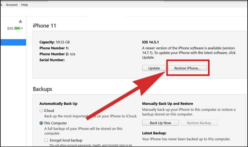 Restore iPhone lại với iTunes khi bị lỗi không có dịch vụ trên iPhone